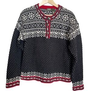 LL Bean Women's Fair Isle Nordic Snowflake Knit Sweater Red Trim Size Medium